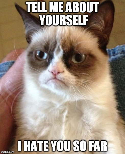 Grumpy Cat | TELL ME ABOUT YOURSELF I HATE YOU SO FAR | image tagged in memes,grumpy cat | made w/ Imgflip meme maker