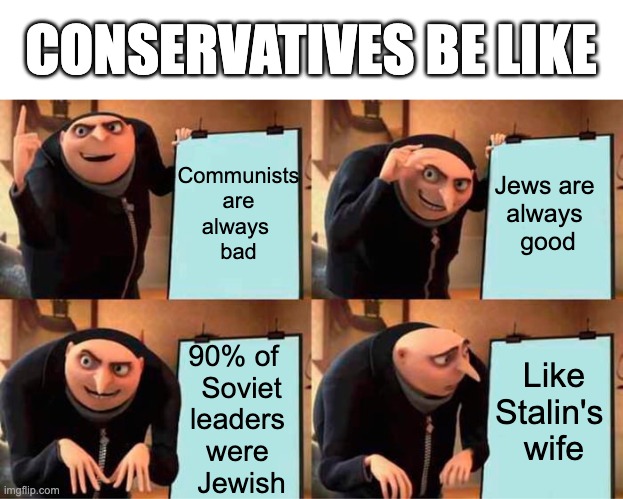 Gru's Plan Meme | CONSERVATIVES BE LIKE; Communists
are
always 
bad; Jews are 
always 
good; Like Stalin's 
wife; 90% of  
Soviet
leaders 
were 
Jewish | image tagged in memes,gru's plan | made w/ Imgflip meme maker