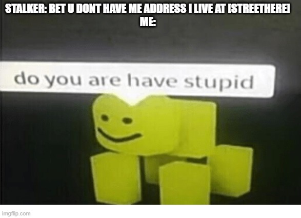 World's dumbest skiddy stalker from the bin | STALKER: BET U DONT HAVE ME ADDRESS I LIVE AT [STREETHERE]
ME: | image tagged in do u have are stupid | made w/ Imgflip meme maker