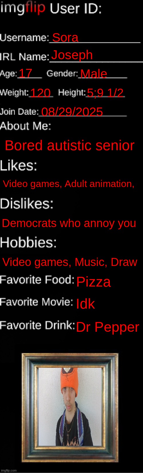 imgflip ID Card | Sora; Joseph; 17; Male; 120; 5;9 1/2; 08/29/2025; Bored autistic senior; Video games, Adult animation, Democrats who annoy you; Video games, Music, Draw; Pizza; Idk; Dr Pepper | image tagged in imgflip id card | made w/ Imgflip meme maker