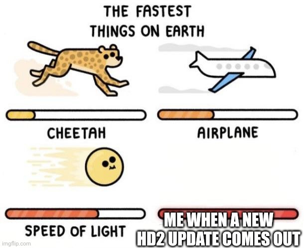 Hell divers 2 UPDATE | ME WHEN A NEW HD2 UPDATE COMES OUT | image tagged in the fastest things on earth cheetah airplane speed of light,fast as fuk boi fast as fuk boi | made w/ Imgflip meme maker
