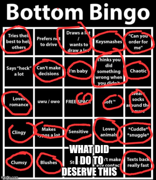 Bottom Bingo | WHAT DID I DO TO DESERVE THIS | image tagged in bottom bingo | made w/ Imgflip meme maker