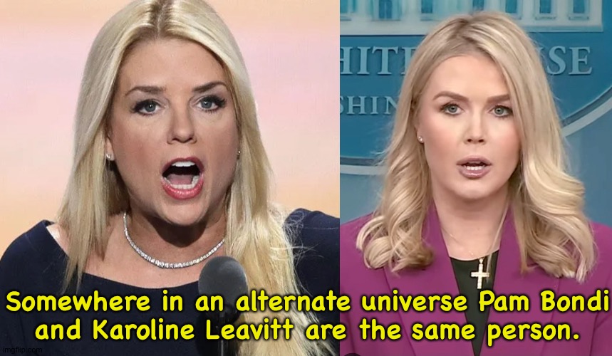 And that's not a compliment to either one of them. | Somewhere in an alternate universe Pam Bondi
and Karoline Leavitt are the same person. | image tagged in pam bondi mouth wide open trump sucks,karoline leavitt | made w/ Imgflip meme maker