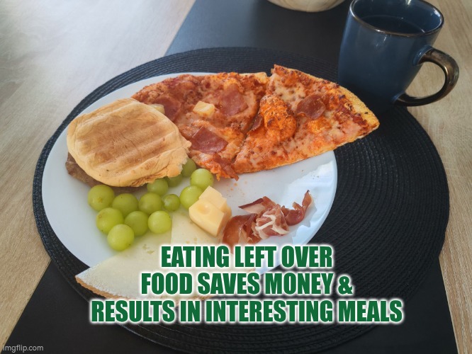 Eating left over food saves money and results in interesting meals | EATING LEFT OVER FOOD SAVES MONEY & RESULTS IN INTERESTING MEALS | image tagged in leftovers | made w/ Imgflip meme maker