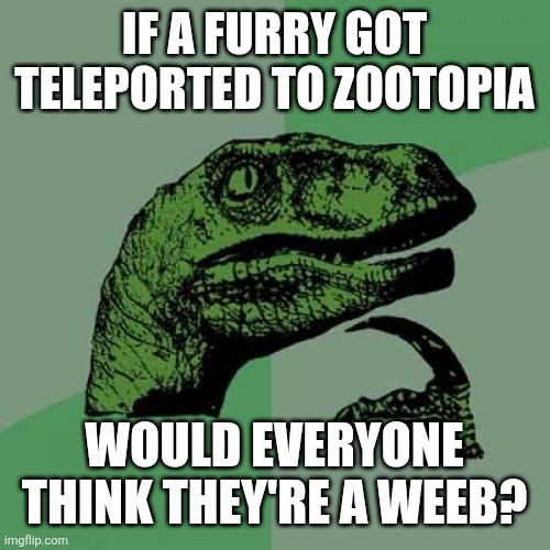 I mean... | IF A FURRY GOT TELEPORTED TO ZOOTOPIA; WOULD EVERYONE THINK THEY'RE A WEEB? | image tagged in memes,philosoraptor,zootopia,furry,furries,shower thoughts | made w/ Imgflip meme maker