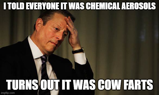 Al Gore Facepalm | I TOLD EVERYONE IT WAS CHEMICAL AEROSOLS TURNS OUT IT WAS COW FARTS | image tagged in al gore facepalm | made w/ Imgflip meme maker