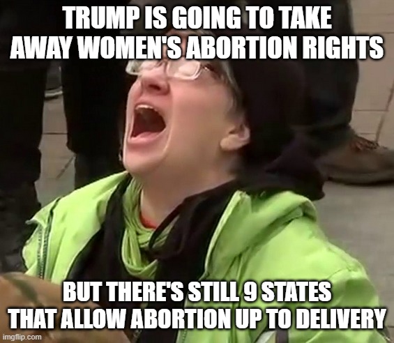 Crying liberal | TRUMP IS GOING TO TAKE AWAY WOMEN'S ABORTION RIGHTS BUT THERE'S STILL 9 STATES THAT ALLOW ABORTION UP TO DELIVERY | image tagged in crying liberal | made w/ Imgflip meme maker