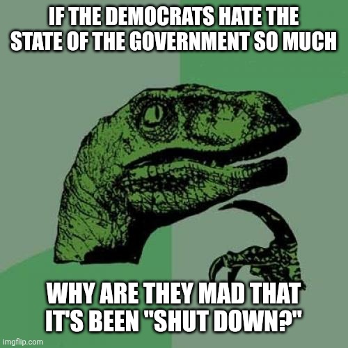 Philosoraptor Meme | IF THE DEMOCRATS HATE THE STATE OF THE GOVERNMENT SO MUCH WHY ARE THEY MAD THAT IT'S BEEN "SHUT DOWN?" | image tagged in memes,philosoraptor | made w/ Imgflip meme maker