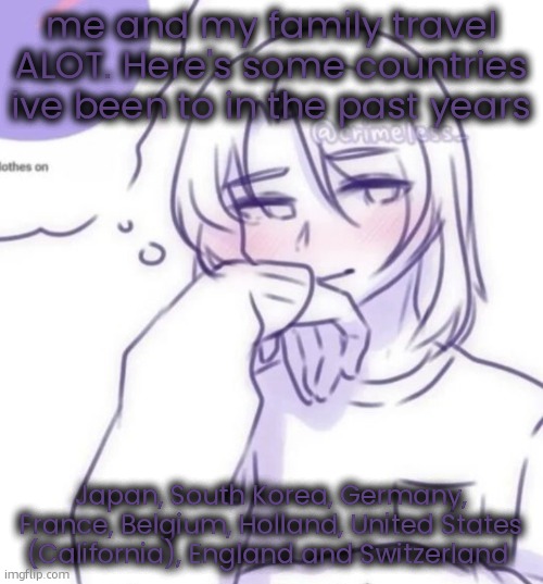 Smug look | me and my family travel ALOT. Here's some countries ive been to in the past years; Japan, South Korea, Germany, France, Belgium, Holland, United States (California), England and Switzerland | image tagged in smug look | made w/ Imgflip meme maker