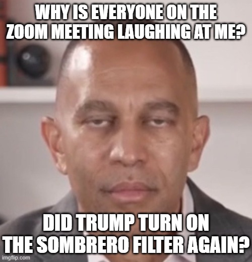 Jefferies | WHY IS EVERYONE ON THE ZOOM MEETING LAUGHING AT ME? DID TRUMP TURN ON THE SOMBRERO FILTER AGAIN? | image tagged in jefferies | made w/ Imgflip meme maker