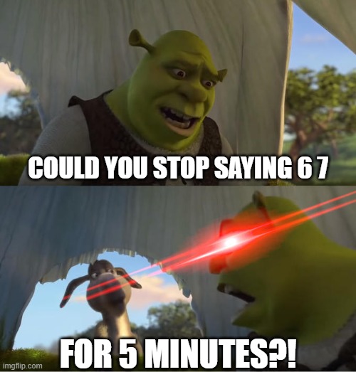 Seriously, it's not even funny anymore. | COULD YOU STOP SAYING 6 7; FOR 5 MINUTES?! | image tagged in shrek for five minutes | made w/ Imgflip meme maker