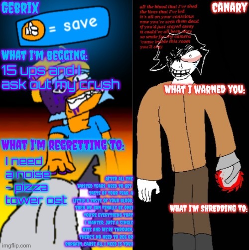 Voting ends tomorrow | 15 ups and I ask out my crush; I need a noise - pizza tower ost | image tagged in gebrix and canary announcement | made w/ Imgflip meme maker