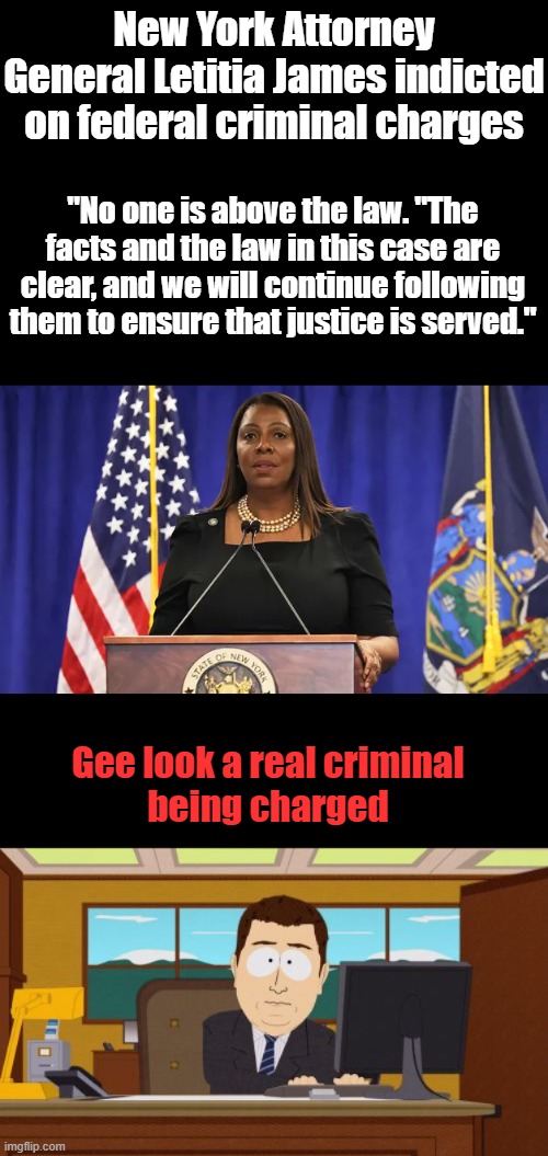 Poor Tish, seems her hate didn't work out so good for her. | New York Attorney General Letitia James indicted on federal criminal charges; "No one is above the law. "The facts and the law in this case are clear, and we will continue following them to ensure that justice is served."; Gee look a real criminal being charged | image tagged in memes,aaaaand its gone | made w/ Imgflip meme maker