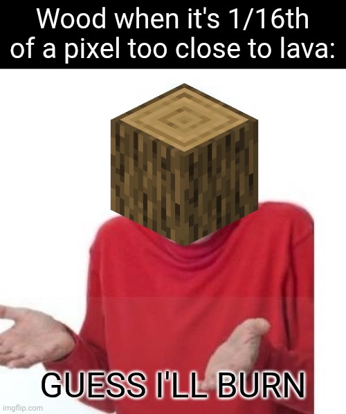 Forget Phantoms, this is easily the most annoying thing in Minecraft | Wood when it's 1/16th of a pixel too close to lava:; GUESS I'LL BURN | image tagged in i guess ill die,wood,lava | made w/ Imgflip meme maker