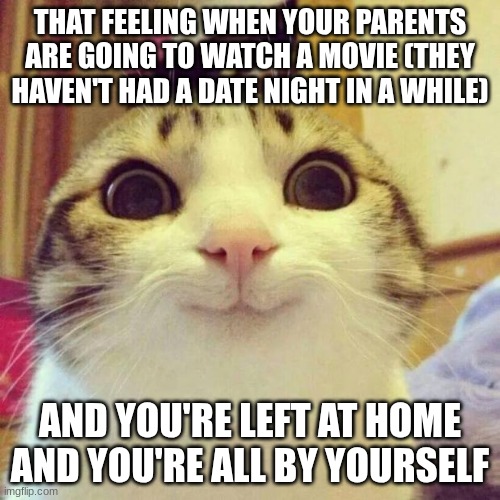 IDK what I'm gonna do, probably just watch Blue Box (Netflix, in case anyone needs a new show to watch) | THAT FEELING WHEN YOUR PARENTS ARE GOING TO WATCH A MOVIE (THEY HAVEN'T HAD A DATE NIGHT IN A WHILE); AND YOU'RE LEFT AT HOME AND YOU'RE ALL BY YOURSELF | image tagged in memes,smiling cat,that feeling when | made w/ Imgflip meme maker