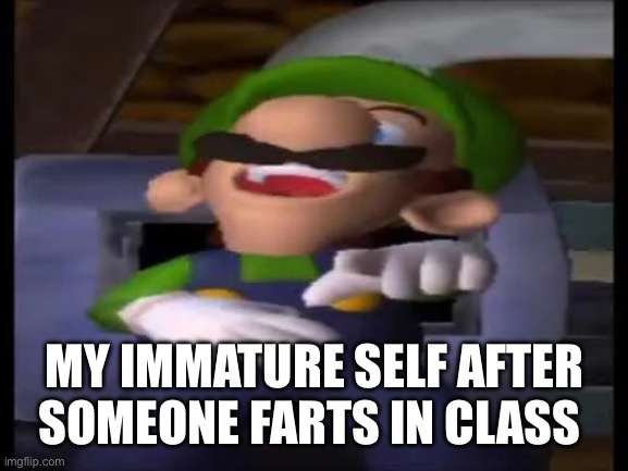 Bah ha ha ha ha ha ha ha ha ha ha ha why are you still reading this | MY IMMATURE SELF AFTER SOMEONE FARTS IN CLASS | image tagged in luigi pointing and laughing | made w/ Imgflip meme maker