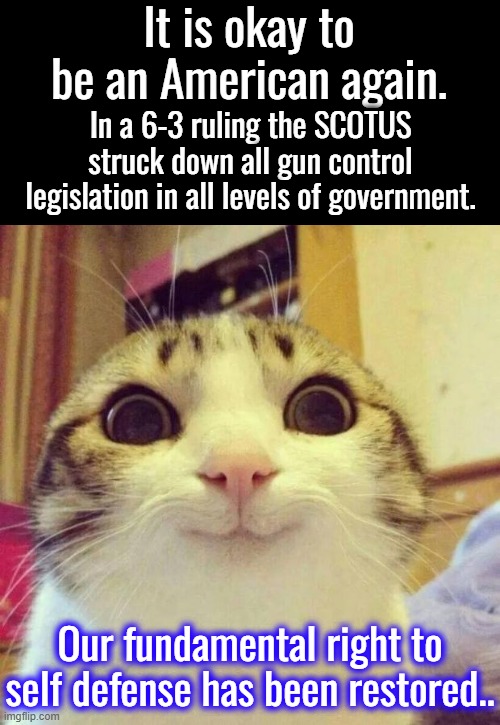 Blue states are fighting this tooth and nail but, unfortunately for them, they no longer have any legal standing. | It is okay to be an American again. In a 6-3 ruling the SCOTUS struck down all gun control legislation in all levels of government. Our fundamental right to self defense has been restored.. | image tagged in smiling cat,constitutional carry is the law of the land | made w/ Imgflip meme maker