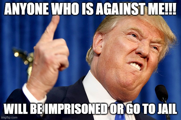 Dictatorship incoming | ANYONE WHO IS AGAINST ME!!! WILL BE IMPRISONED OR GO TO JAIL | image tagged in donald trump | made w/ Imgflip meme maker