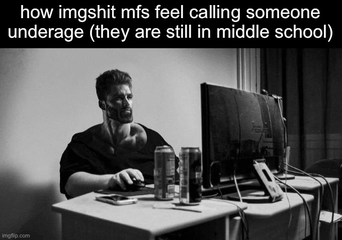 Gigachad On The Computer | how imgshit mfs feel calling someone underage (they are still in middle school) | image tagged in gigachad on the computer | made w/ Imgflip meme maker