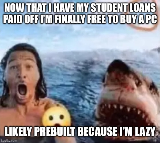 Shark | NOW THAT I HAVE MY STUDENT LOANS PAID OFF I’M FINALLY FREE TO BUY A PC; LIKELY PREBUILT BECAUSE I’M LAZY | image tagged in shark | made w/ Imgflip meme maker