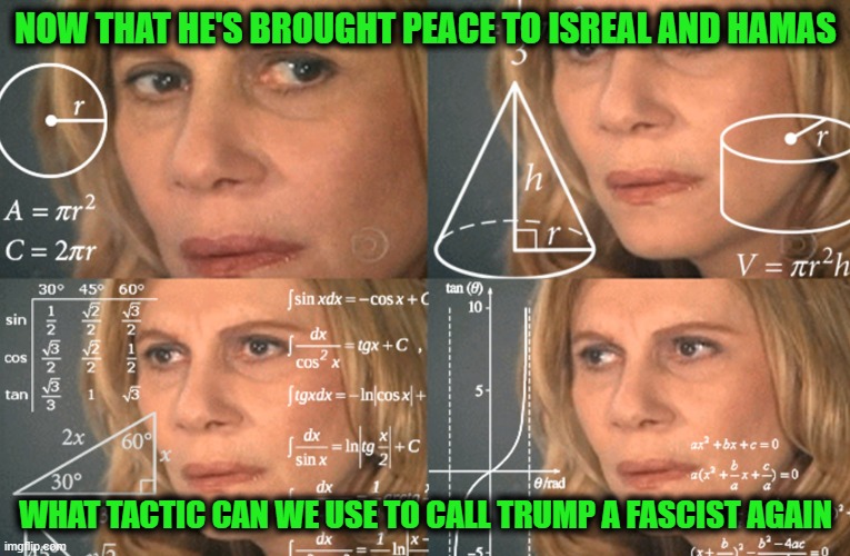 TDS Faces a Conundrum | NOW THAT HE'S BROUGHT PEACE TO ISREAL AND HAMAS; WHAT TACTIC CAN WE USE TO CALL TRUMP A FASCIST AGAIN | image tagged in confused math lady | made w/ Imgflip meme maker