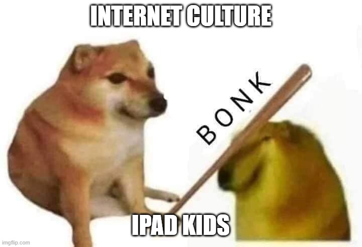 Internet Culture to iPad kid | INTERNET CULTURE; IPAD KIDS | image tagged in doge bonk | made w/ Imgflip meme maker