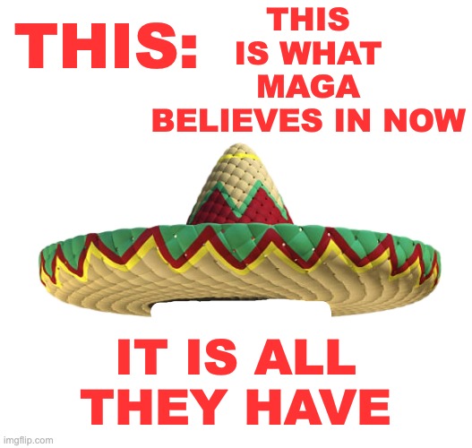 Only insult the hat if you want to hear lots of reeing | THIS IS WHAT MAGA BELIEVES IN NOW; THIS:; IT IS ALL
THEY HAVE | image tagged in sombrero,maga,snowflakes,memes,the right can't meme | made w/ Imgflip meme maker