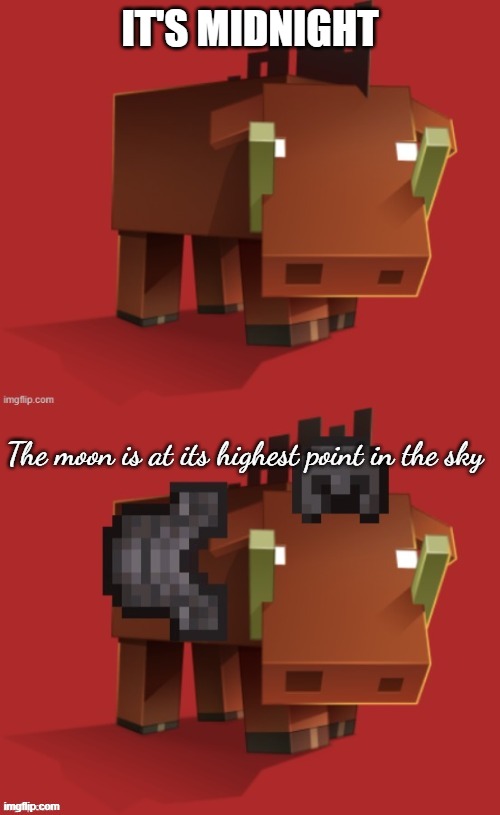 Netherite Hoglin | IT'S MIDNIGHT; The moon is at its highest point in the sky | image tagged in netherite hoglin | made w/ Imgflip meme maker