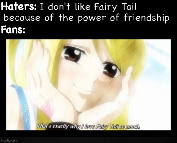 Fairy Tail Memes Power of Friendship | Haters: 
   
Fans:; I don't like Fairy Tail because of the power of friendship; ChristinaO | image tagged in fairy tail memes,anime memes,fans,power of friendship,fandom,haters | made w/ Imgflip meme maker