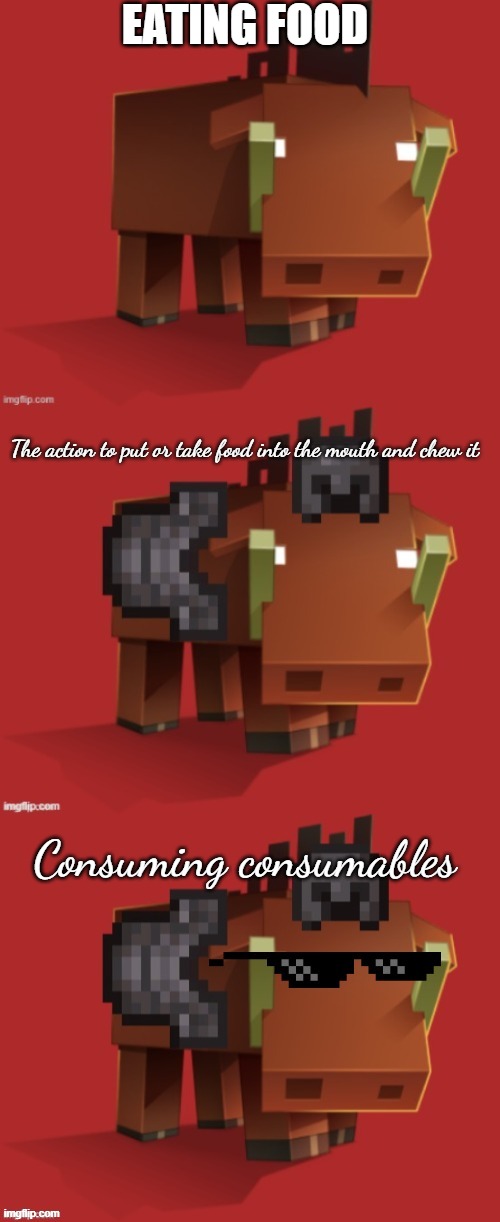 Netherite Hoglin (3 Panel) | EATING FOOD; The action to put or take food into the mouth and chew it; Consuming consumables | image tagged in netherite hoglin 3 panel | made w/ Imgflip meme maker