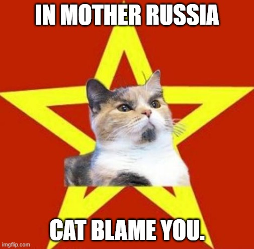 lenin cat | IN MOTHER RUSSIA CAT BLAME YOU. | image tagged in lenin cat | made w/ Imgflip meme maker
