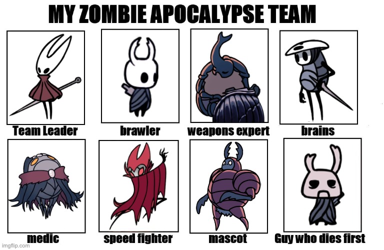 Zombie apocalypse team but it's Hollow Knight | image tagged in my zombie apocalypse team,hollow knight,this took me way too long | made w/ Imgflip meme maker