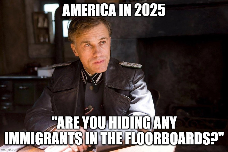 SCOTUS literally made it legal for ICE to choose people based on skin color | AMERICA IN 2025; "ARE YOU HIDING ANY IMMIGRANTS IN THE FLOORBOARDS?" | image tagged in hans landa hiding enemies of the state | made w/ Imgflip meme maker