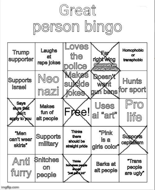 EROP made the original version of this saying "Terrible person" but Neko changed it to great person | Economically yes culturally not really | image tagged in great person bingo | made w/ Imgflip meme maker