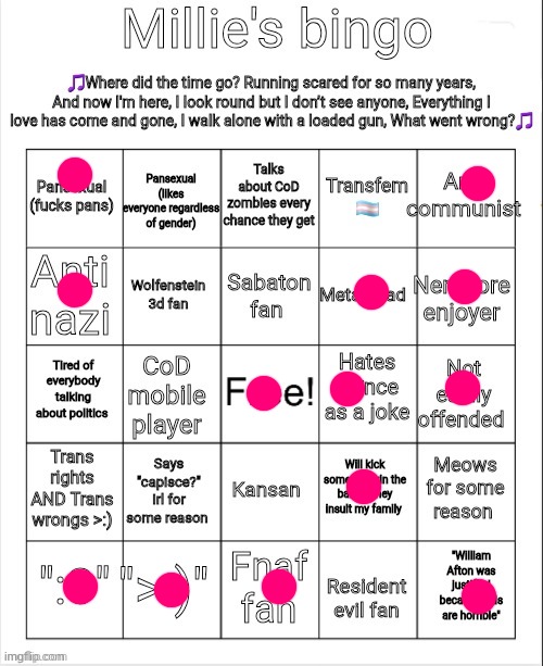 Millie's bingo | image tagged in millie's bingo | made w/ Imgflip meme maker