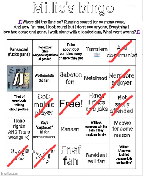 Millie's bingo | /J | image tagged in millie's bingo | made w/ Imgflip meme maker