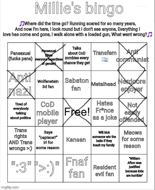 Millie's bingo | image tagged in millie's bingo | made w/ Imgflip meme maker