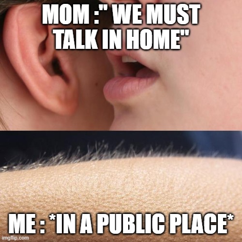 Whisper and Goosebumps | MOM :" WE MUST TALK IN HOME"; ME : *IN A PUBLIC PLACE* | image tagged in whisper and goosebumps | made w/ Imgflip meme maker