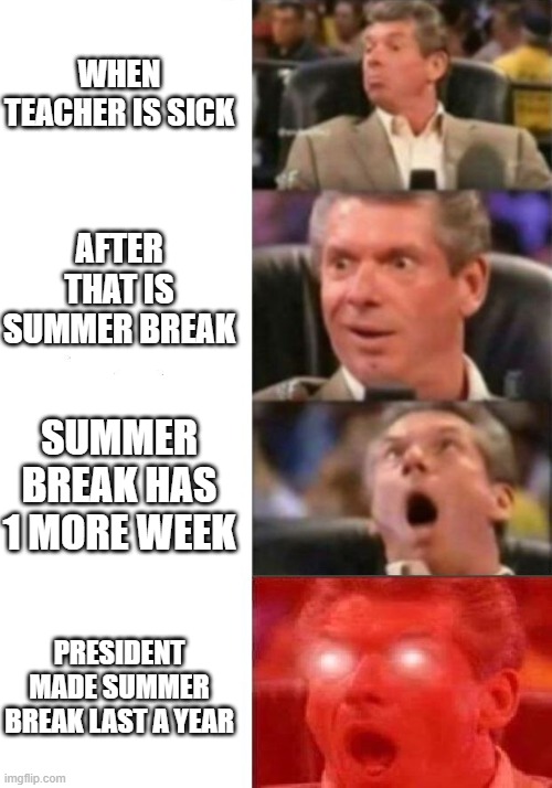 Summer break | WHEN TEACHER IS SICK; AFTER THAT IS SUMMER BREAK; SUMMER BREAK HAS 1 MORE WEEK; PRESIDENT MADE SUMMER BREAK LAST A YEAR | image tagged in mr mcmahon reaction | made w/ Imgflip meme maker