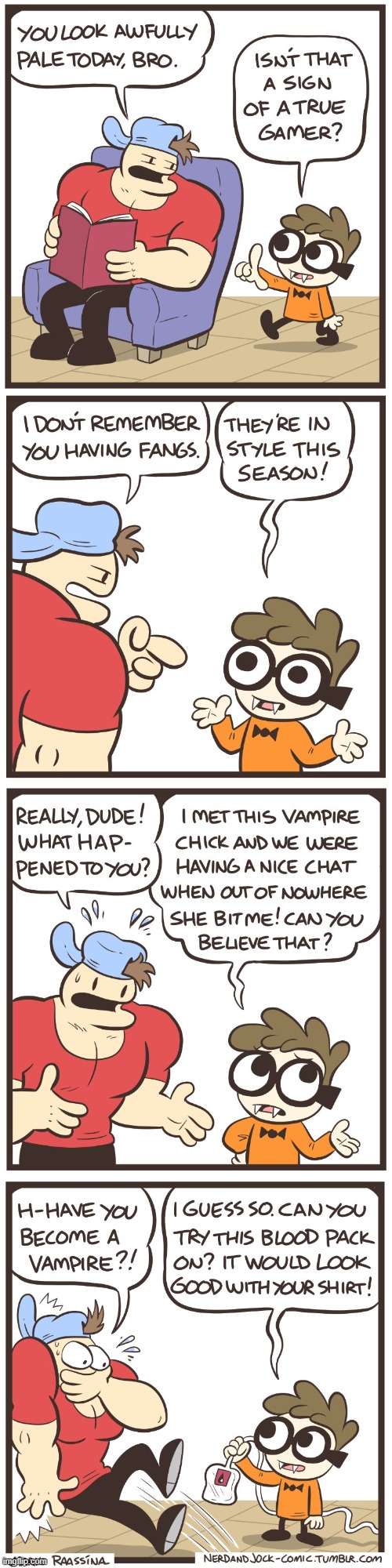 Nerd & Jock: Halloween Edition | image tagged in jock,nerd,bitten,vampire,blood,pouch | made w/ Imgflip meme maker