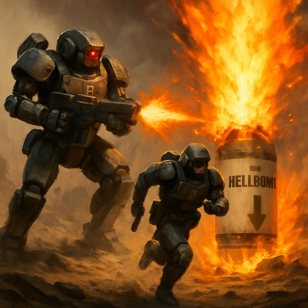 helldivers 2 bot shooting a hellbomb with a helldiver running aw Blank Meme Template