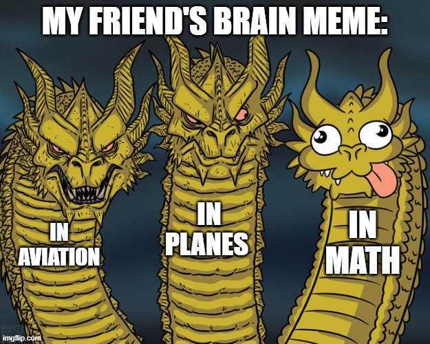 Three-headed Dragon | MY FRIEND'S BRAIN MEME:; IN PLANES; IN MATH; IN AVIATION | image tagged in three-headed dragon | made w/ Imgflip meme maker