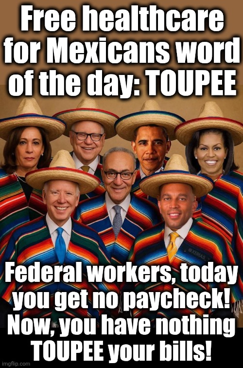 Due to the government shutdown, a no-pay payday | Free healthcare for Mexicans word of the day: TOUPEE; Federal workers, today
you get no paycheck!
Now, you have nothing
TOUPEE your bills! | image tagged in memes,free healthcare for mexicans word of the day,toupee,democrats,government shutdown,trump derangement syndrome | made w/ Imgflip meme maker