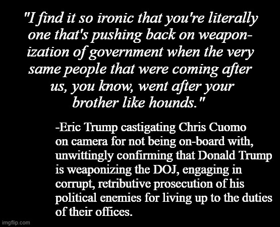 Aaaand there goes plausible deniability right out the window... | "I find it so ironic that you're literally
one that's pushing back on weapon-
ization of government when the very
same people that were coming after
 us, you know, went after your
brother like hounds."; -Eric Trump castigating Chris Cuomo
on camera for not being on-board with,
unwittingly confirming that Donald Trump
is weaponizing the DOJ, engaging in
corrupt, retributive prosecution of his
political enemies for living up to the duties
of their offices. | image tagged in trump unfit unqualified dangerous,corrupt,wannabe,dictator | made w/ Imgflip meme maker