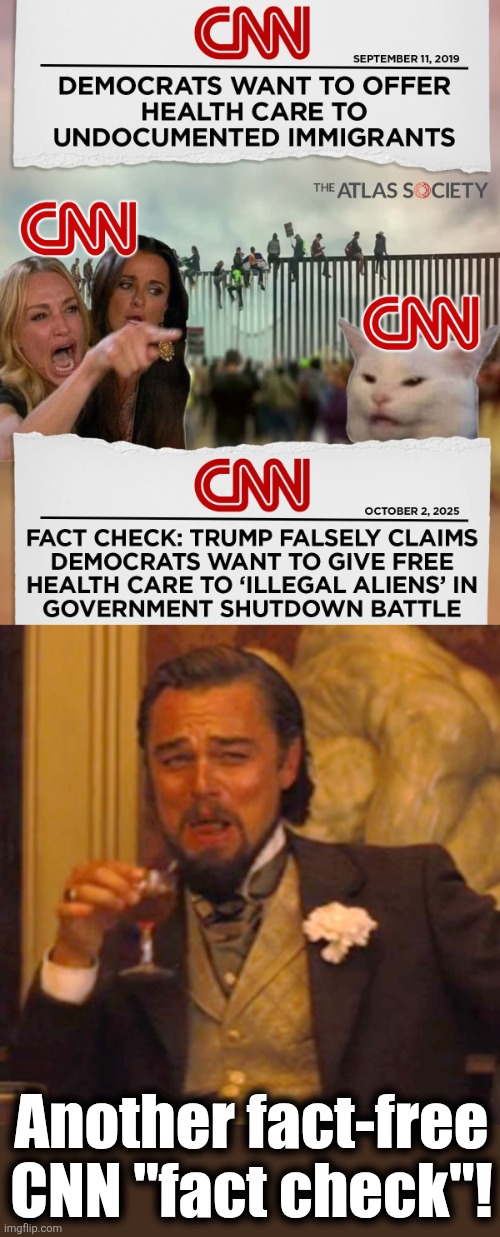 Oops! | Another fact-free
CNN "fact check"! | image tagged in memes,laughing leo,cnn,fact check,free healthcare for illegal immigrants,democrats | made w/ Imgflip meme maker