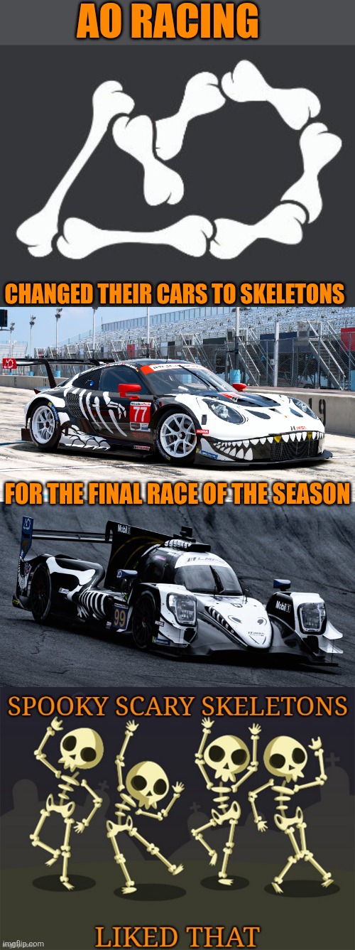 IMSA SEASON FINALE AT PETIT Le MANS | AO RACING; CHANGED THEIR CARS TO SKELETONS; FOR THE FINAL RACE OF THE SEASON | image tagged in imsa,sports cars,endurance racing,race car,racing | made w/ Imgflip meme maker
