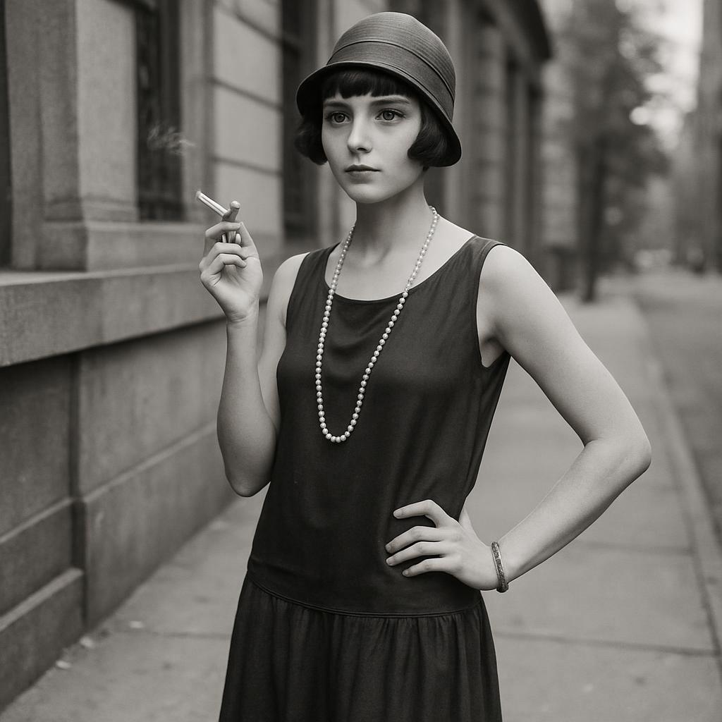 A black-and-white photograph of a flapper standing on a sidewalk Blank Meme Template