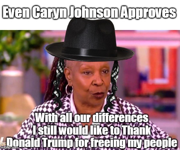 The original Appropriator | Even Caryn Johnson Approves; With all our differences I still would like to Thank Donald Trump for freeing my people | image tagged in whoopie thanks trump jew appropriate meme | made w/ Imgflip meme maker