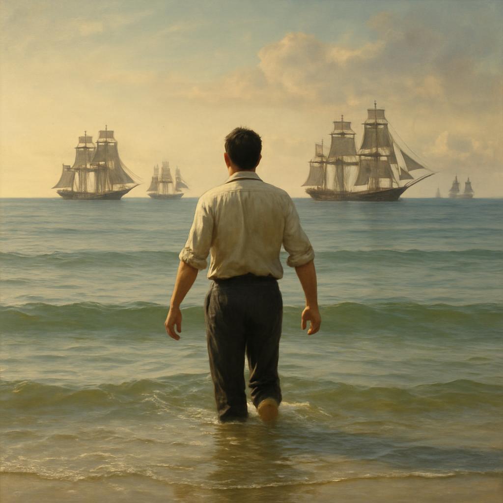 a man wadding into the calm ocean, a line of sail merchant ships Blank Meme Template