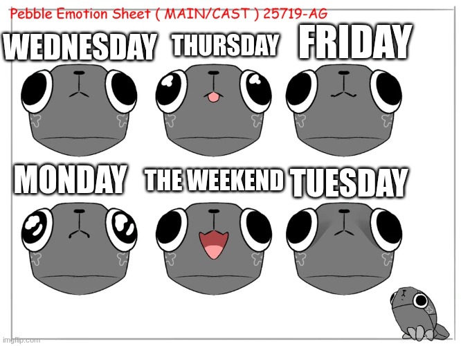 The week be like (pebble edition) | FRIDAY; THURSDAY; WEDNESDAY; TUESDAY; MONDAY; THE WEEKEND | image tagged in pebble's emotion sheet | made w/ Imgflip meme maker